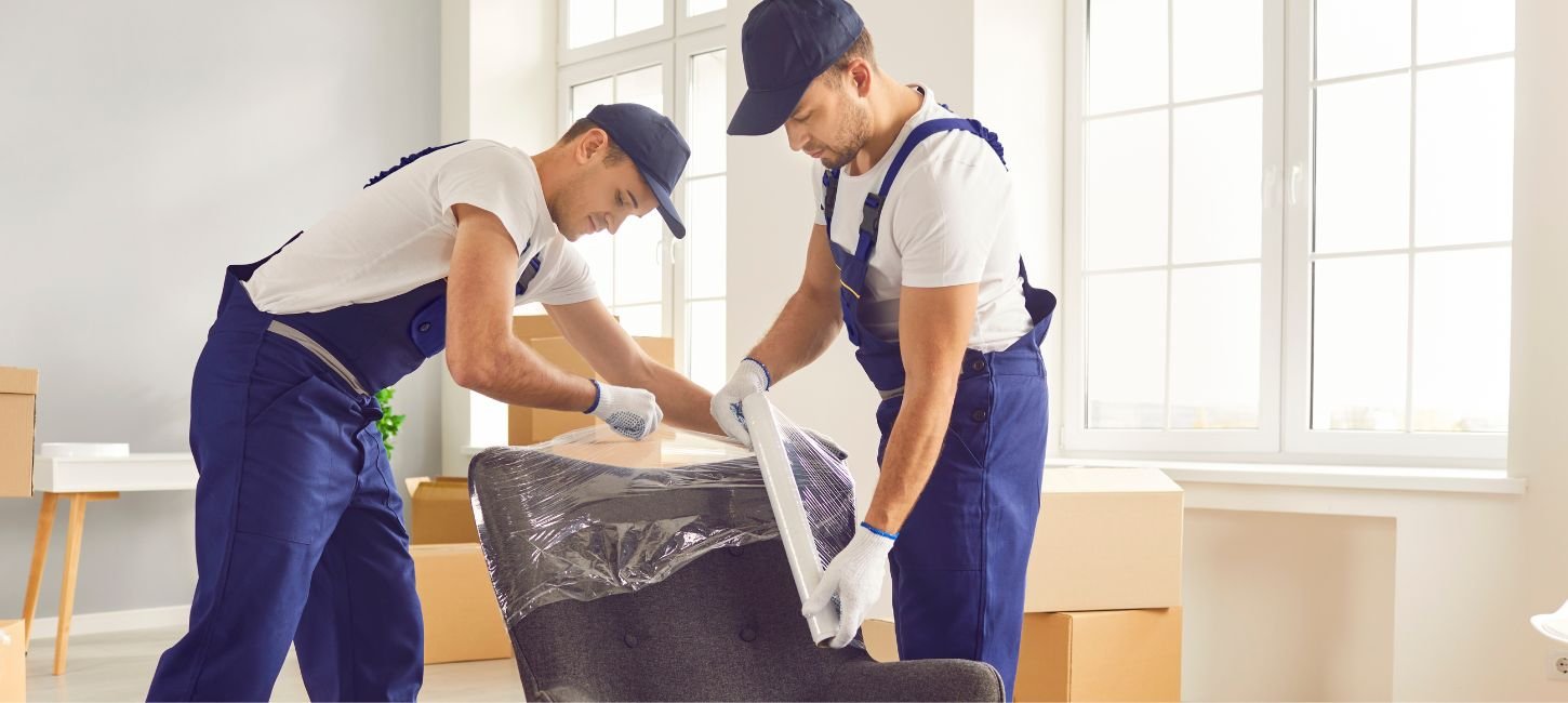 careful mover wrapping a glass vase in bubble wrap